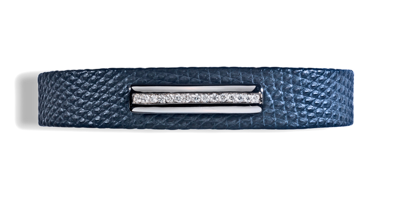  bracelet homme en lézard mat bleu, barrette en or noir sans émail, diamants blancs
